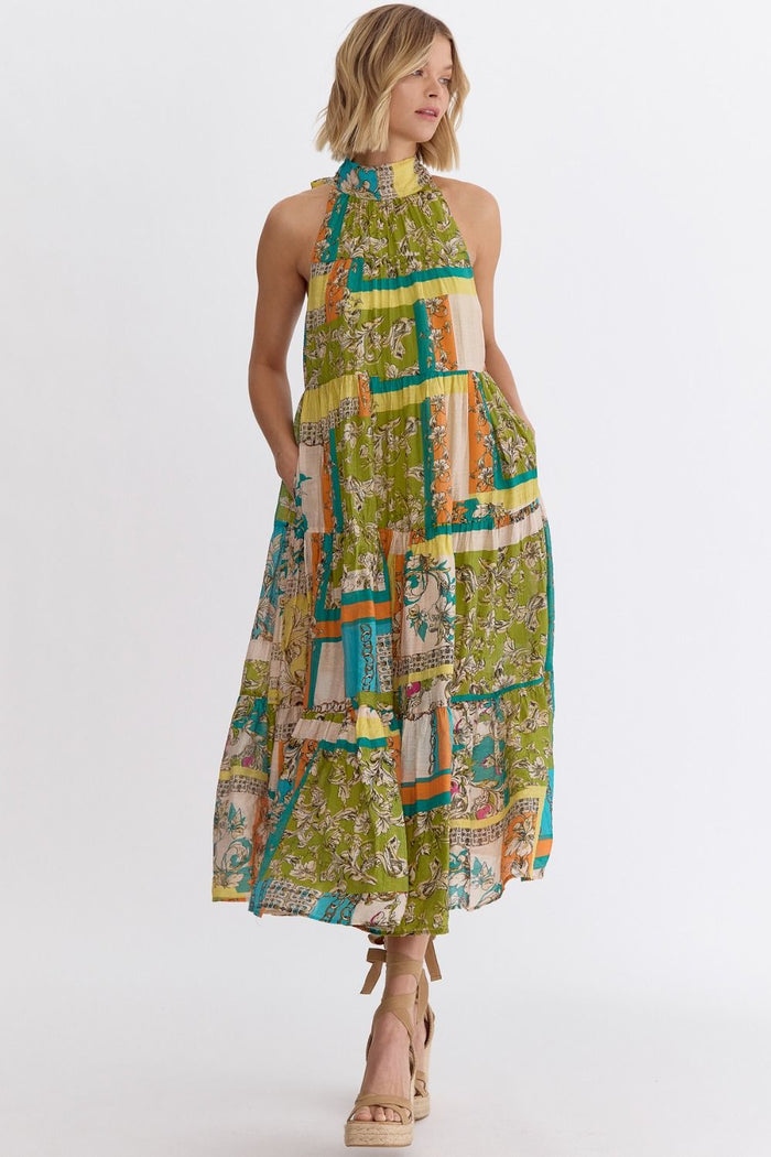 Geo-Floral Midi Dress with Pockets