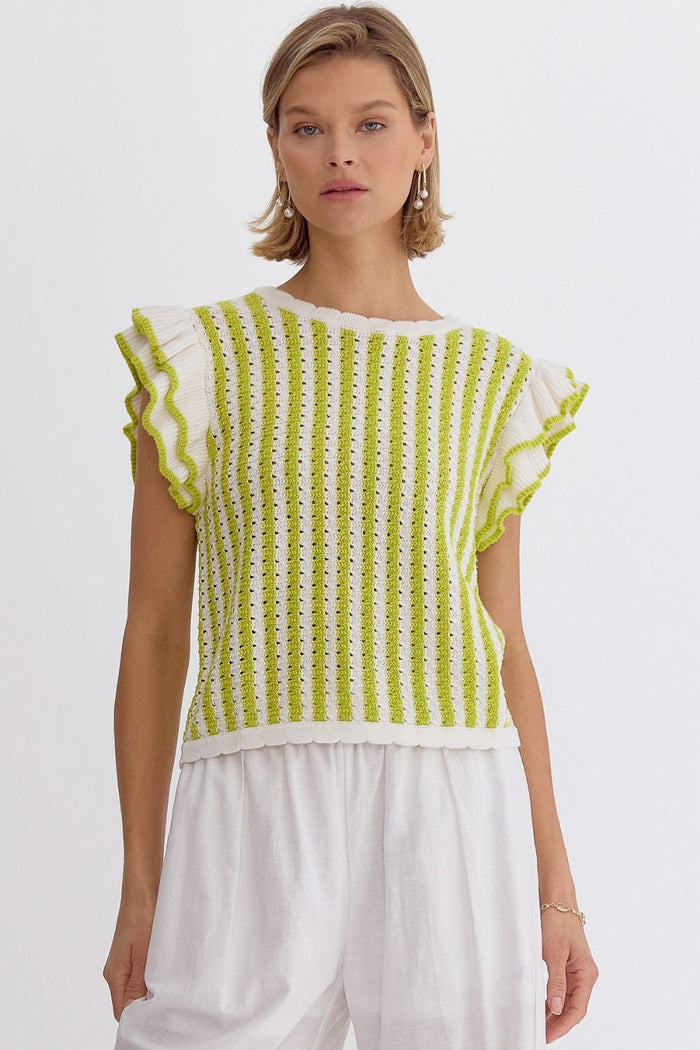 Striped Sleeveless Knit Top with Ruffle Detail