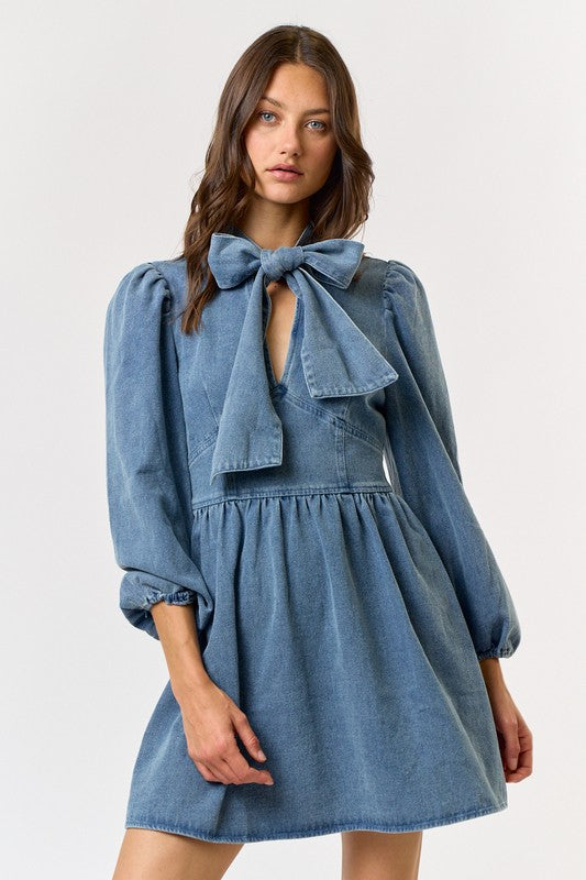 Bow Tie Babydoll Denim Dress