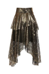 Metallic Lace Ruffled Midi Skirt