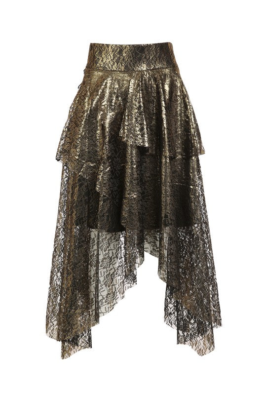 Metallic Lace Ruffled Midi Skirt