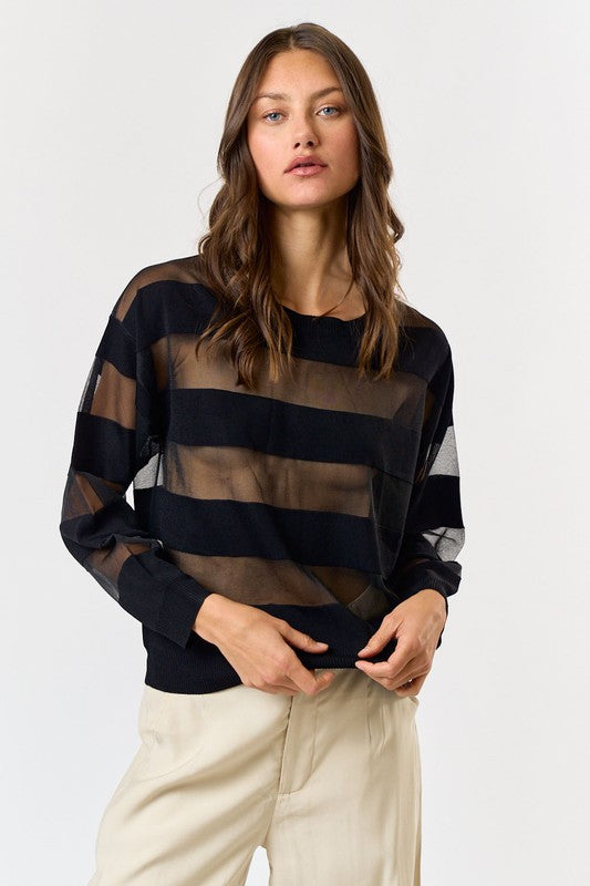 Striped Mesh Sheer Top