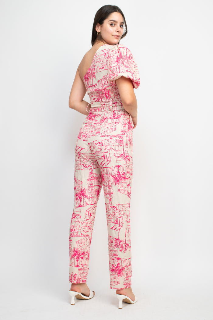 Grace Printed One Shoulder Puff Sleeve Jumpsuit