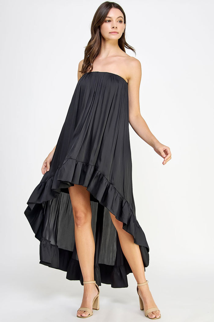 Strapless Shirred High-Low Maxi Dress