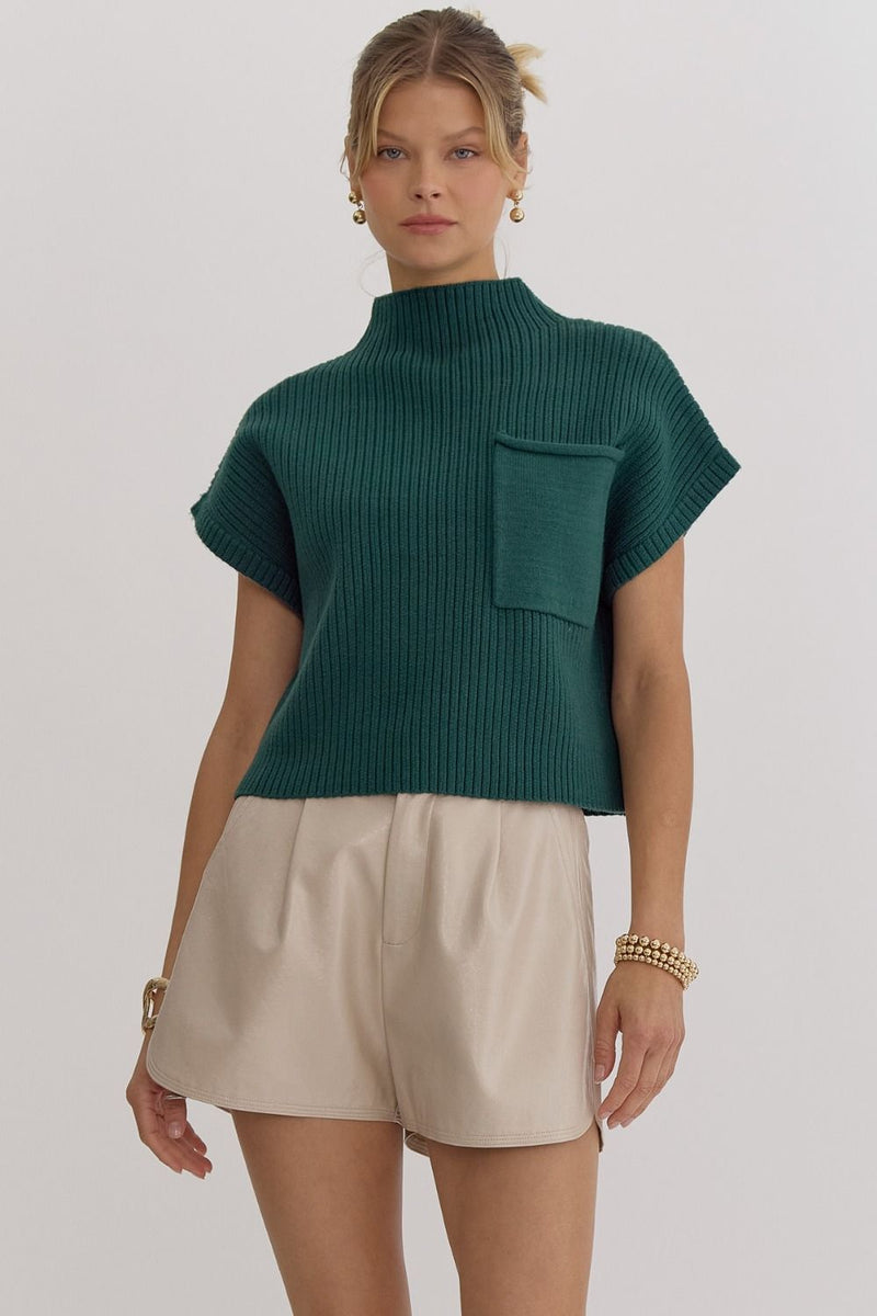 Mock Neck Crop Sweater with Pocket Detail