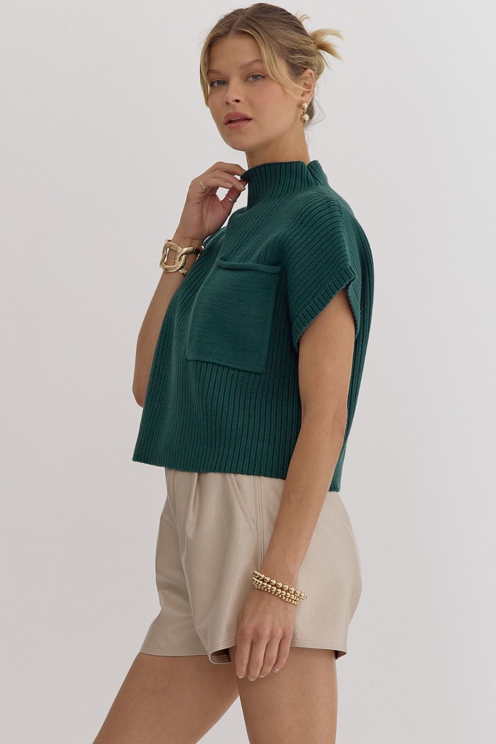 Mock Neck Crop Sweater with Pocket Detail