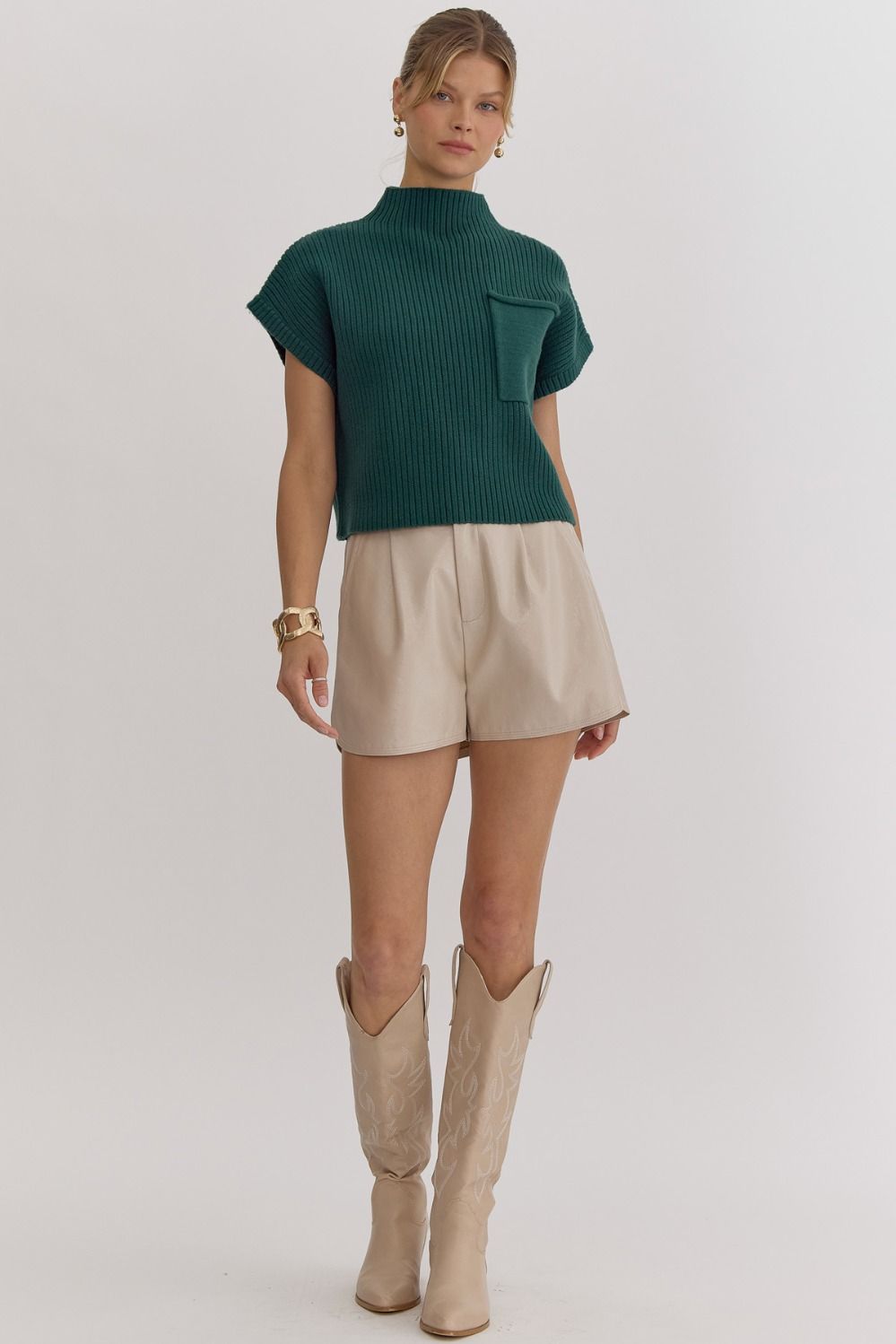 Mock Neck Crop Sweater with Pocket Detail