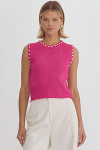 Sleeveless Crop Top with Pearl Detail