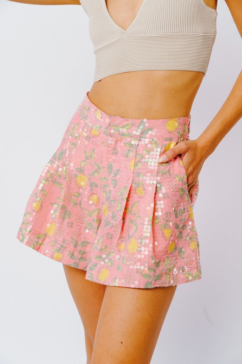 Lemon Sequin Pleated Shorts