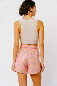 Lemon Sequin Pleated Shorts