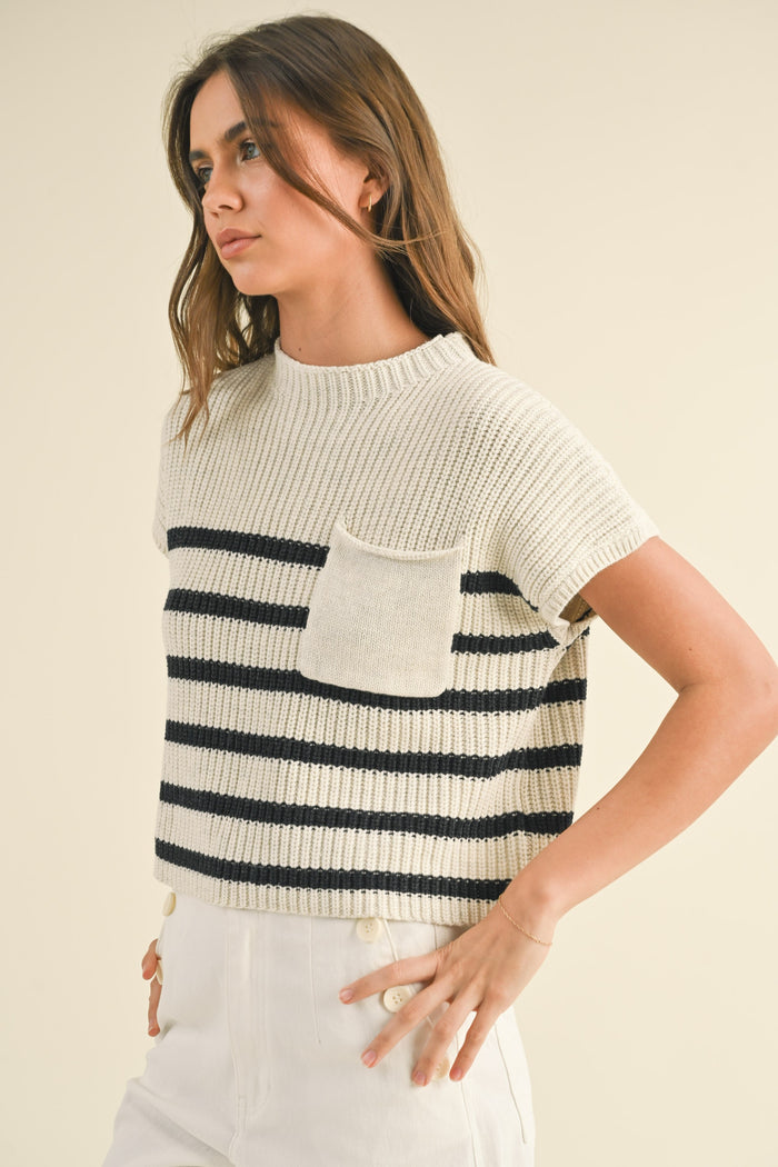 Mock Neck Striped Knit Top