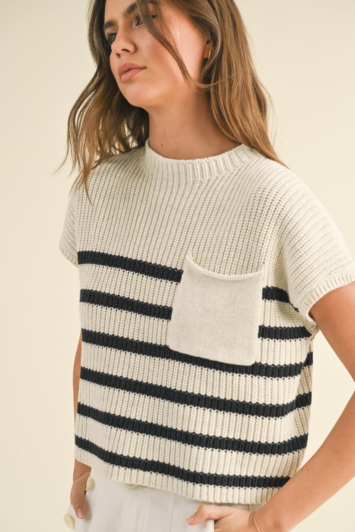 Mock Neck Striped Knit Top