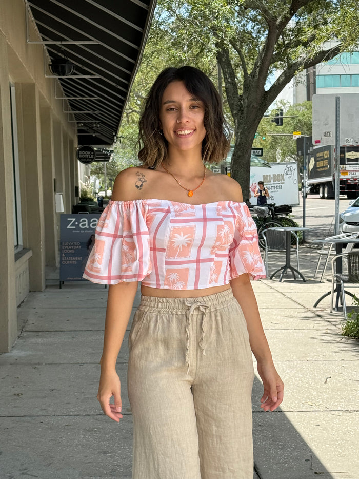 Palm Tree Crop Top with Puff Sleeves