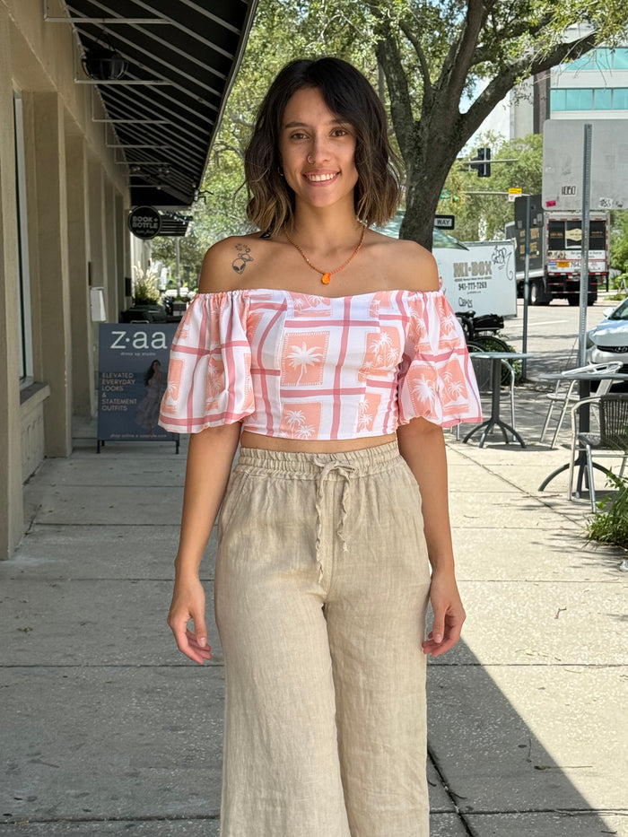 Palm Tree Crop Top with Puff Sleeves