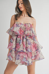 Floral Strapless Tiered Ruffle Mini Dress