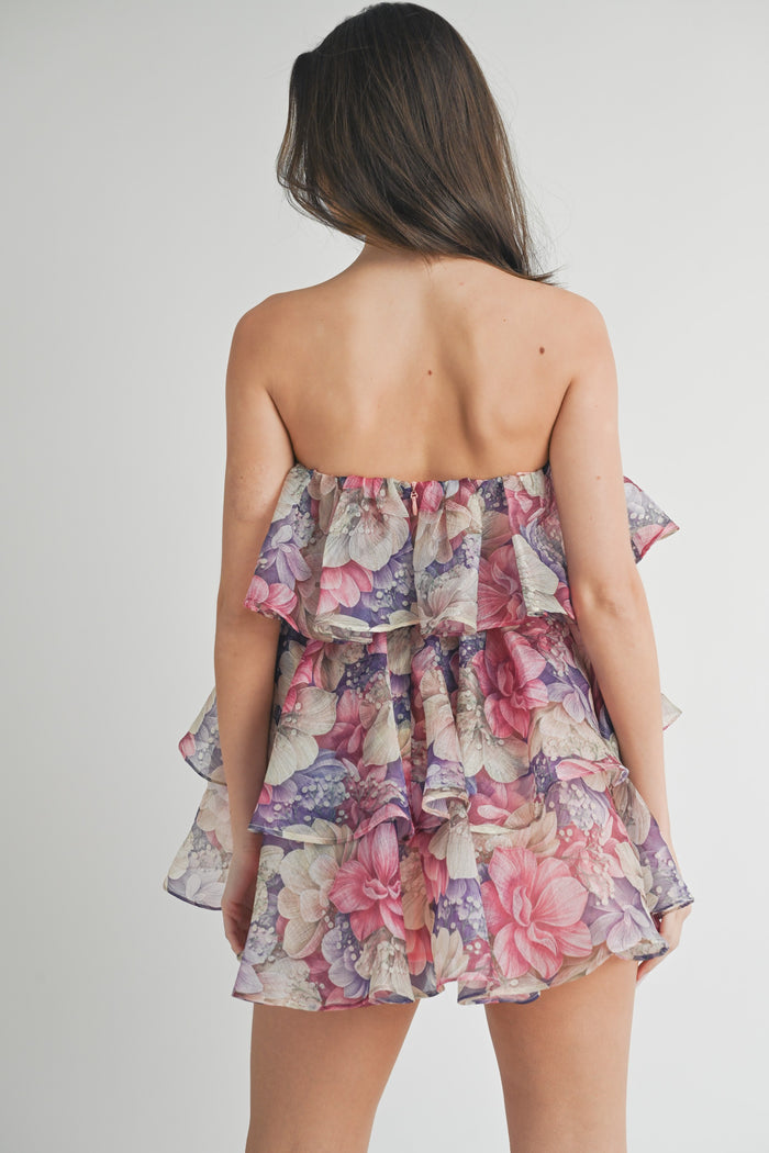 Floral Strapless Tiered Ruffle Mini Dress