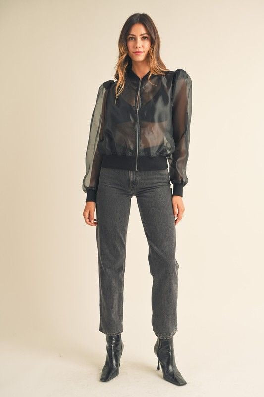 Puff Sleeve Organza Bomber Jacket