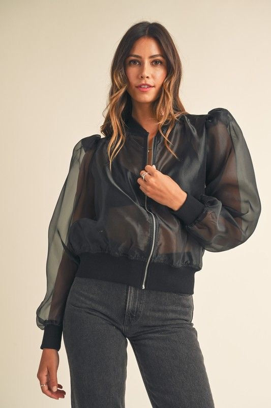 Puff Sleeve Organza Bomber Jacket