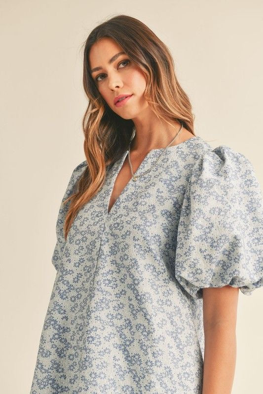 Floral Jacquard Puff Sleeve Mini Dress