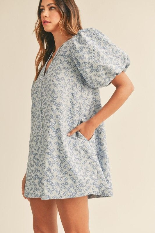 Floral Jacquard Puff Sleeve Mini Dress