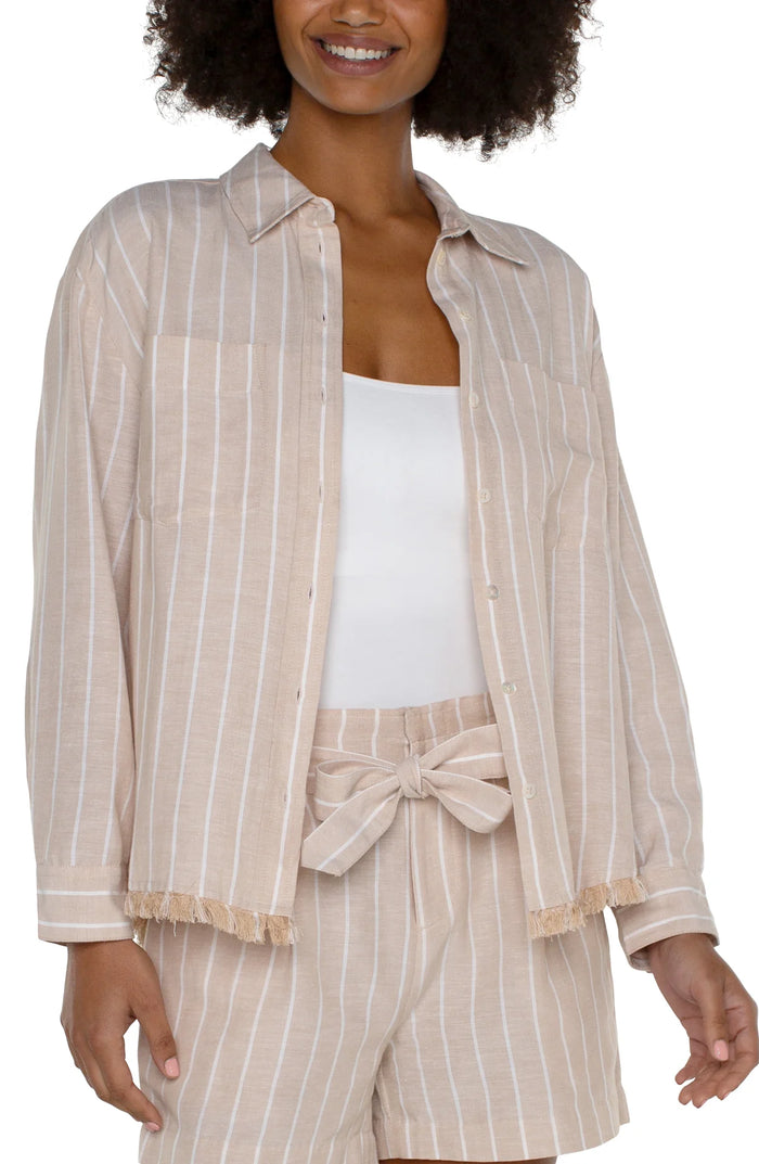 Cropped Button Front Shirt with Fray
