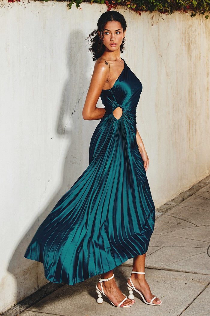 One Shoulder Pleated Maxi Dress