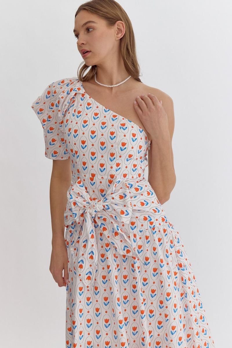 One-Shoulder Puff Sleeve Midi Dress