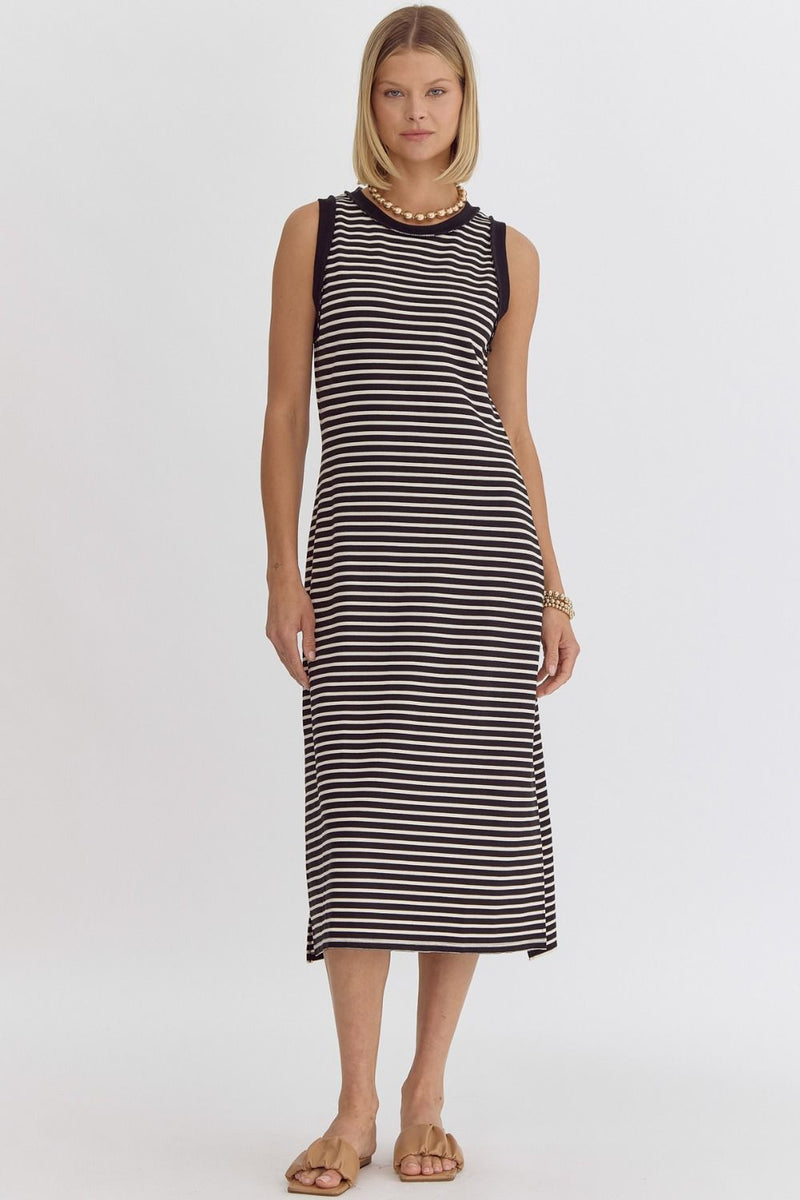 Stripe Ribbed Sleeveless Midi Dress