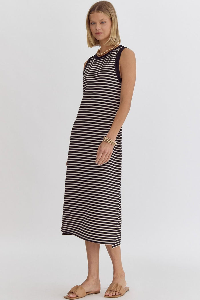 Stripe Ribbed Sleeveless Midi Dress