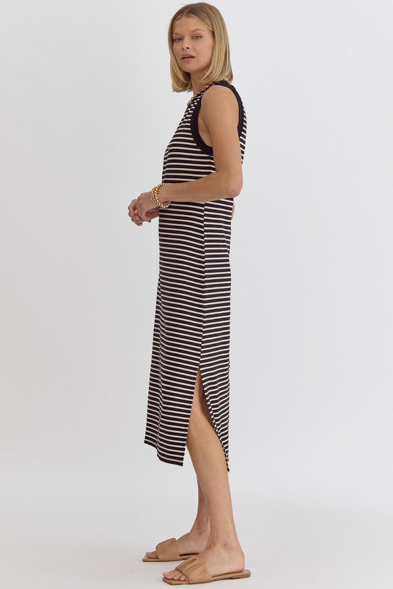 Stripe Ribbed Sleeveless Midi Dress