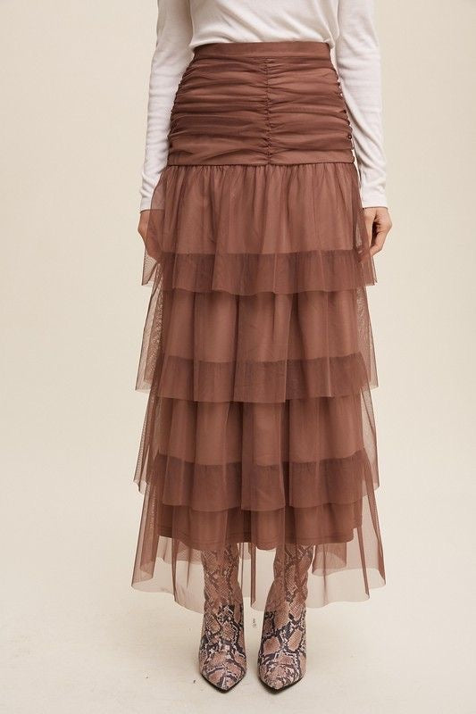 Tiered High-Waisted Tulle Maxi Skirt