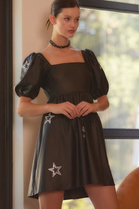 Star Faux Leather Babydoll Mini Dress