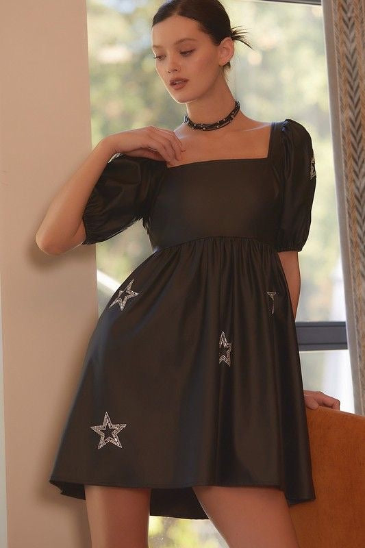 Star Faux Leather Babydoll Mini Dress