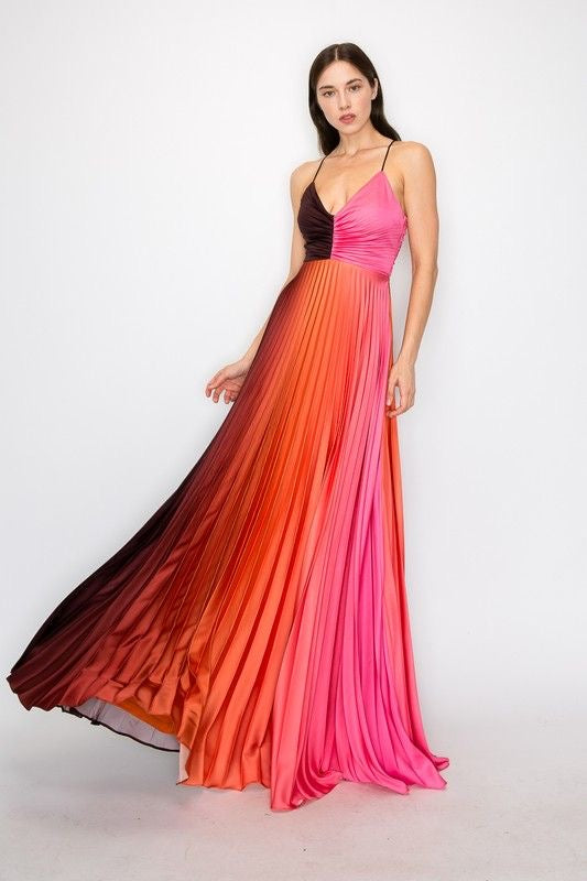 Ombre Satin Pleated Maxi Dress