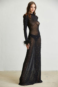 Sheer Mesh Pearl & Rhinestone Maxi Dress
