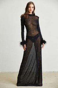 Sheer Mesh Pearl & Rhinestone Maxi Dress