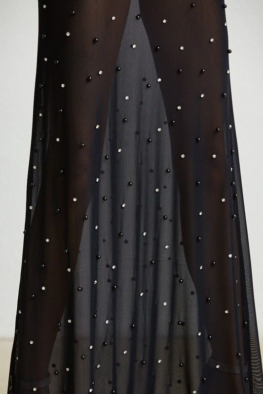 Sheer Mesh Pearl & Rhinestone Maxi Dress