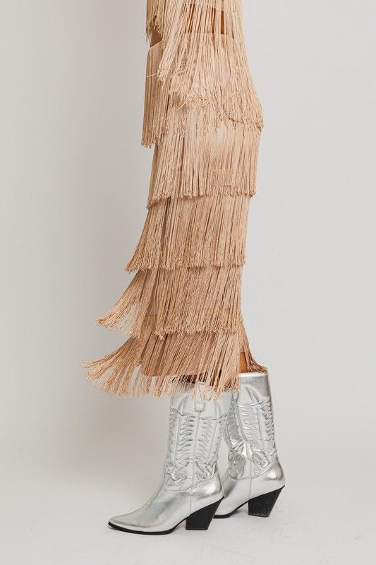 Fringe Midi Skirt with Slit