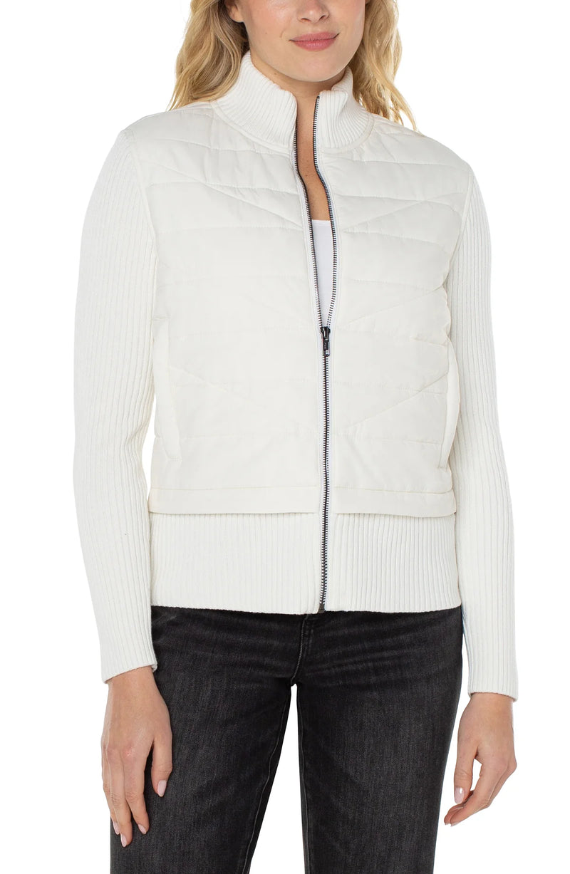 Quilted Full Zip Mix Media Sweater