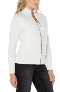 Quilted Full Zip Mix Media Sweater