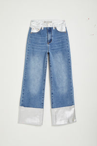 Silver Foil Waistband and Cuff Wide Straight Jeans