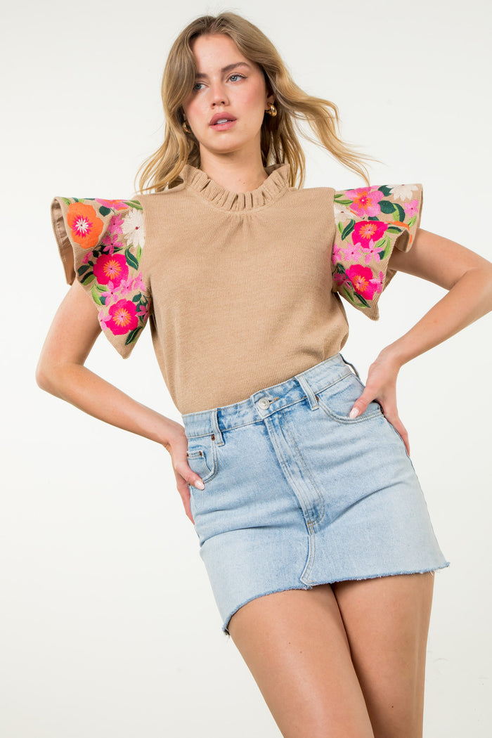 Embroidered Flutter Sleeve Top