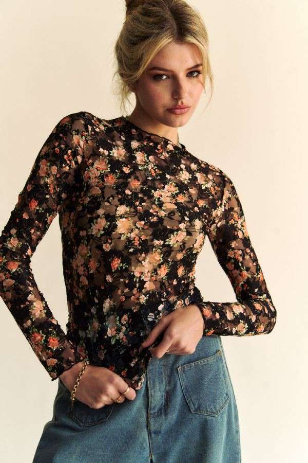 Floral Mesh Long Sleeve Top