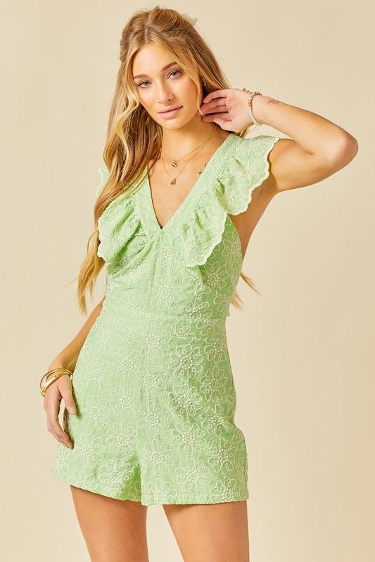 Eyelet Embroidered Romper with Lace-Up Back Detail