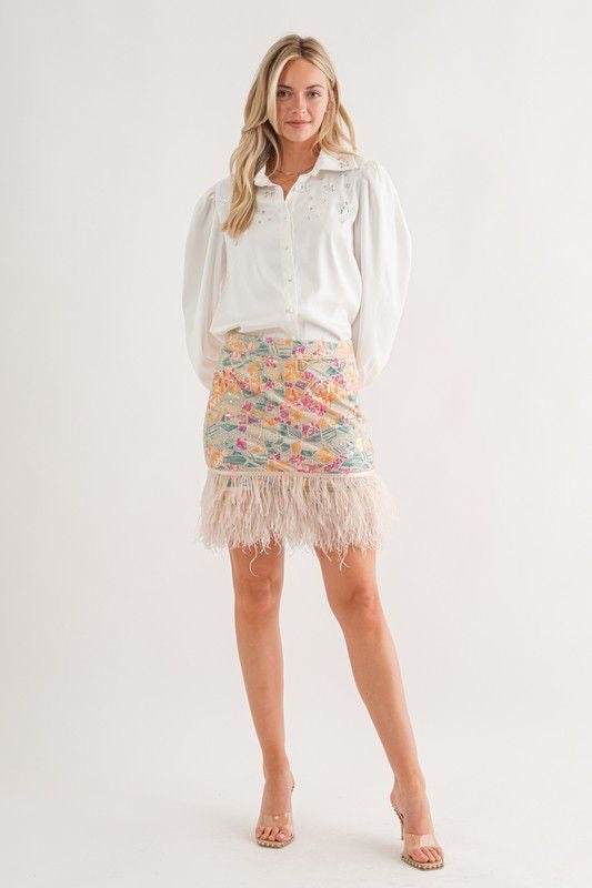 Geo Glasswork Sequin Pencil Skirt with Feather Trim