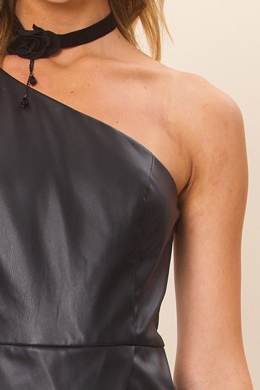 Faux Leather One Shoulder Romper