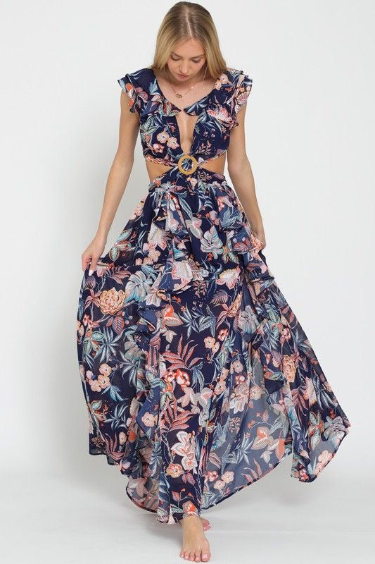 Cutout Floral Maxi Dress with Back Tie Detail