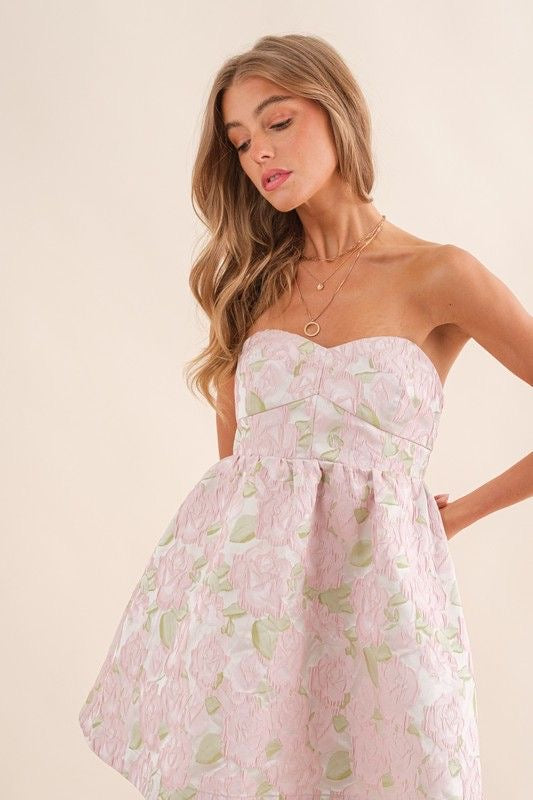 Jacquard Floral Strapless Dress with Pockets