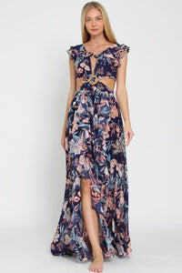 Cutout Floral Maxi Dress with Back Tie Detail