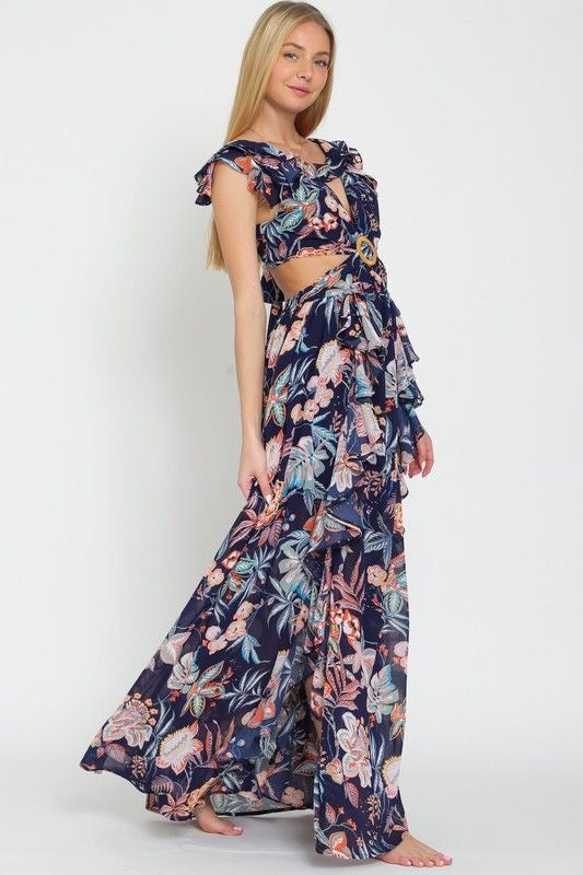 Cutout Floral Maxi Dress with Back Tie Detail